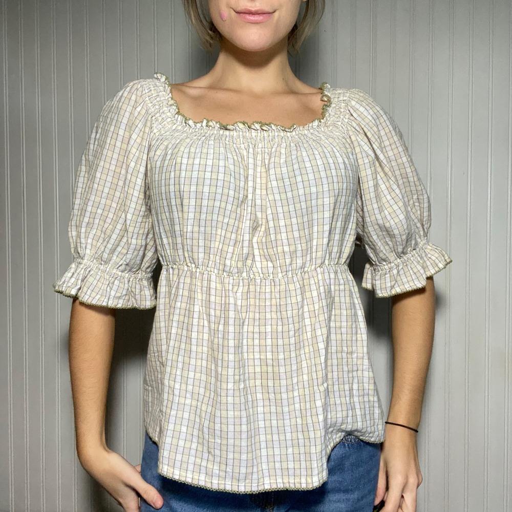 Old Navy Cottagecore Cream Plaid Peasant Top Puff Sleeve Smocked Ruffle - Large
